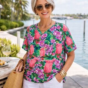 Vintage 1990 Creative Bird Accessories Pink Cockatoo Orchid Tropical Top XL